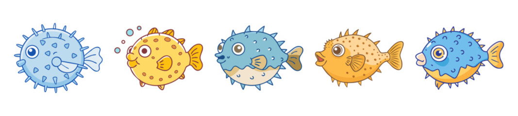 Collection of colorful pufferfish characters engaging in playful underwater scenes