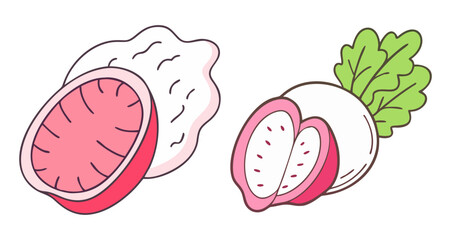 Whole and sliced radishes with vibrant pink and green hues