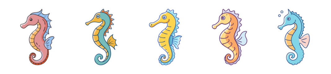 Five colorful artistic seahorses displayed together in a row