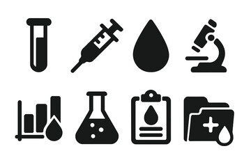Medical Icons Collection. Blood tests. Filled icon set of Blood tests: test tube, syringe, blood drop,