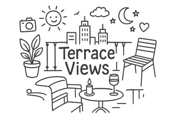 Obraz premium Terrace Views Doodle. Terrace Views. Hand-drawn doodle illustration of Terrace Views. balcony railing, potted