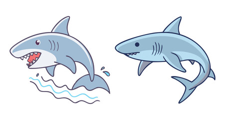 Two playful cartoon sharks swimming and jumping with water splashes