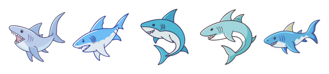 Obraz premium Collection of five artistic water color style sharks swimming underwater