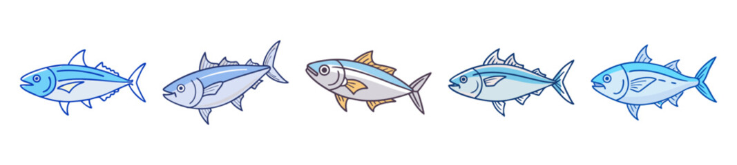 Dynamic skipjack tuna schooling underwater with aquatic life and marine elements