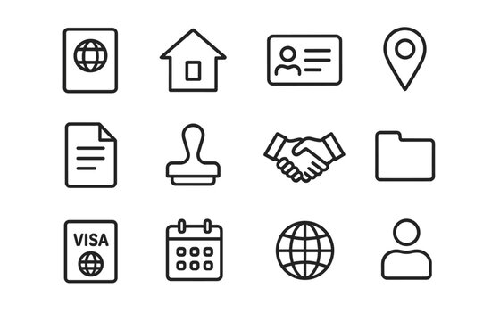 Residency Permit Icons. Residency permits. Line outline icon set of residency permits: passport, house, ID