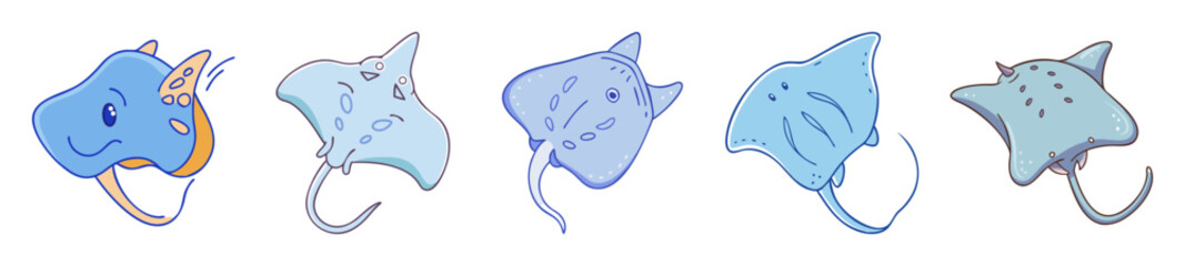 Abstract stingray shapes swirling in cool blue tones underwater abstract art