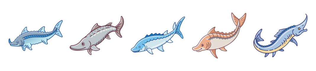 Whimsical sturgeon designs multiple aquatic animal artworks