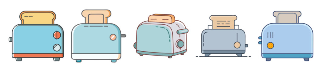 Variety of modern blue and teal toasters with toast slots