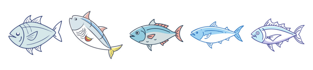 Abstract artistic renderings of various tuna species in motion