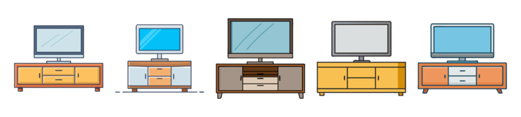 Collection of modern tv stands with flat screen televisions displayed © Saedul