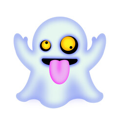 Obraz premium Funny Ghost Cartoon with Tongue OutDeskripsi: Cute and funny ghost illustration with yellow eyes and pink tongue sticking out. Playful Halloween emoji character with bright colors and soft gradients