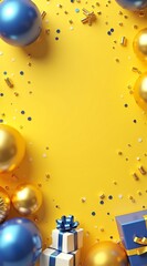 Fototapeta premium Vibrant yellow background adorned with festive gold and blue ornaments, glittering stars, confetti, and wrapped gift boxesperfect for holiday celebrations or joyful announcements!