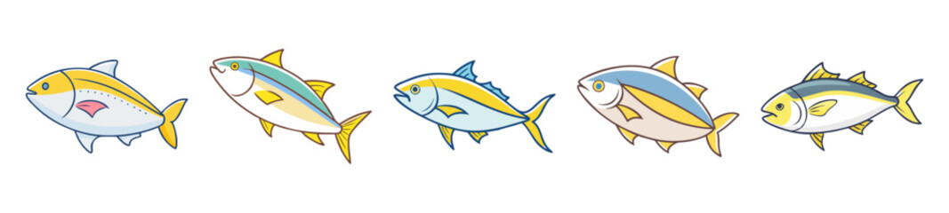 Five colorful yellowtail fish sketches displayed side by side