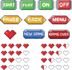 Pixel Art Game UI Elements and Health Bar Icons Collection
