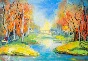 Fototapeta premium Autumn park landscape with river and trees, oil painting with bright colors