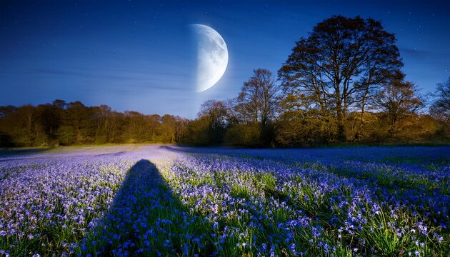 moonlight casting shadows on a field of bluebells - Powered by Adobe