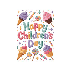 Bright happy children's day text with colorful ice cream cones and lollipops creating festive fun