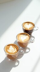 Three glass cups of latte art coffee, each with intricate designs  a leaf, a heart, and another heart  bathed in soft sunlight on a clean white surface. Perfectly arranged, capturing the elegance of c