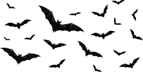 Bat silhouette vector illustration, black and white, flying bats, spooky night theme, Halloween design, gothic style, nocturnal wildlife, horror holiday graphic art