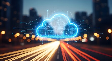Futuristic digital cloud glowing brightly over a blurred city street with light trails at night