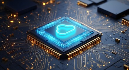 Futuristic glowing blue heart symbol on a central processing unit chip circuit board technology concept