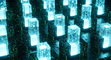 Abstract glowing blue rectangular columns creating a futuristic digital cityscape or data visualization