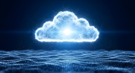 Abstract glowing blue digital cloud formation hovering over a futuristic wavy data landscape with bright light