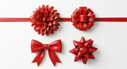 Four red bows with gold trim on a white background, festive and elegant