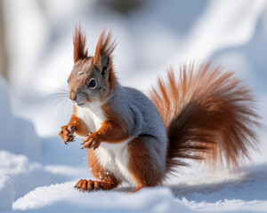 Adorable squirrel with bushy tail and alert eyes pauses on fresh snow, capturing winter's charm with soft sunlight highlighting its fur