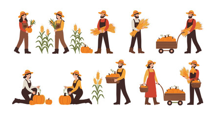 Flat Autumn Farmers Harvesting Wheat, Corn, and Pumpkins Vector Set