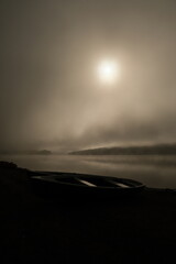 Foggy Lake Sunrise Boat Misty Tranquil Scene