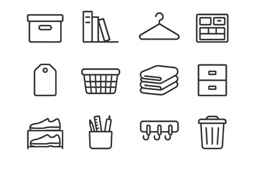 Home Organization Icons. Home organization and decluttering tips. Line outline icon set of Home organization