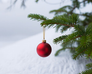 Elegant red Christmas ornament hangs on evergreen branch against soft snowy background creating festive winter holiday ambiance