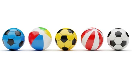 Row of five colorful balls, including soccer & beach, against white backdrop