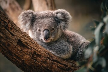 Cozy koala lounging on a tree branch with soft fur and large fluffy ears, wide-eyed expression creating a friendly vibe, blurred background enhancing warmth and focus on the animal