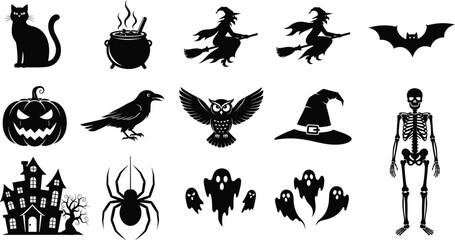 Halloween silhouette vector illustration, black and white, witch, ghost, pumpkin, haunted house, skeleton, bat, spider, owl, crow, spooky holiday design