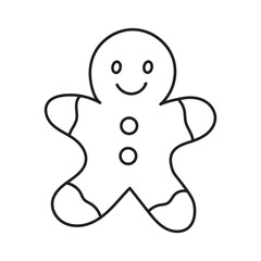 Simple line art drawing of a cute gingerbread man cookie. A festive holiday baking symbol perfect for Christmas dessert themed designs