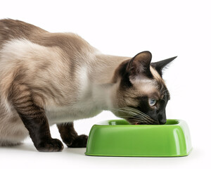 Beautiful Siamese cat happily eating from a vibrant green food bowl, capturing a moment of pure feline delight and healthy nourishment.