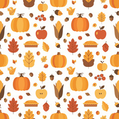 Seamless Thanksgiving Pumpkin Pie and Autumn Leaves Pattern
