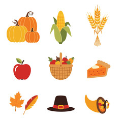 Thanksgiving Autumn Vector Flat Design Set of Harvest Icons for Holiday and Fall Celebration