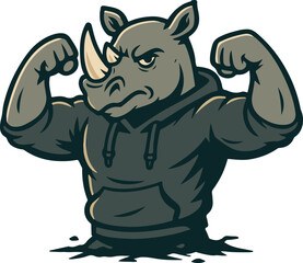 Urban Flexing Rhino Character in Limited-Palette Vector Style