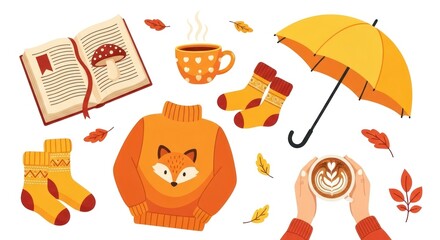 Fototapeta premium Cozy autumn arrangement book, tea, umbrella, sweater, socks, leaves
