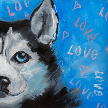 Acrylic painting of Siberian Husky dog portrait with blue background and love lettering