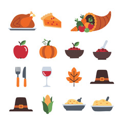 Thanksgiving Dinner Vector Flat Design Icon Set for Autumn Harvest and Holiday Celebration