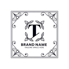 Elegant floral monogram letter T logo in decorative square frame design