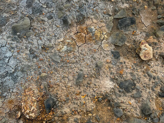 colorful image of dried cracked soil with many different mineral colorations of the geothermal area of Seltun in Iceland