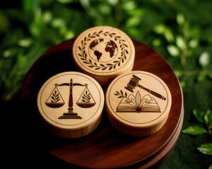Symbolizing justice, global law, and legal education with engraved wooden discs on a natural, verdant background
