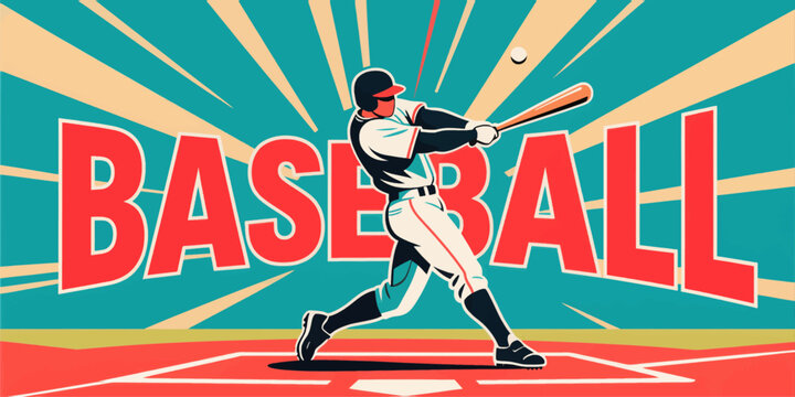 Baseball player swinging bat, retro poster art, vibrant colors, stadium theme
