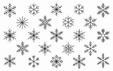 A minimalist vecter collection of various hand drawn snowflakes with different shapes and patterns arranged on a white background silhouette
