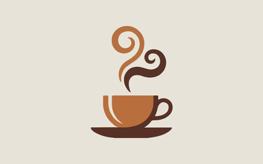 A minimalist vecter illustration of a steaming coffee cup on a saucer with brown and tan colors against a light background color silhouette